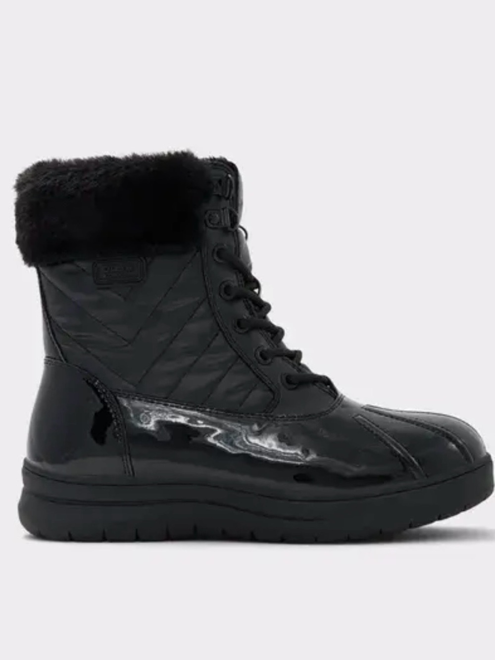 Aldo Flurrys Black Quilted Patent Lace-Up Winter Boot with Faux-Fur Cuff Sz 7